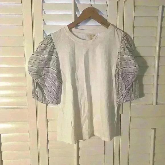 NWOT Rebecca Taylor soft white cotton T shirt with puffy sleeves in blue… - Picture 7 of 11
